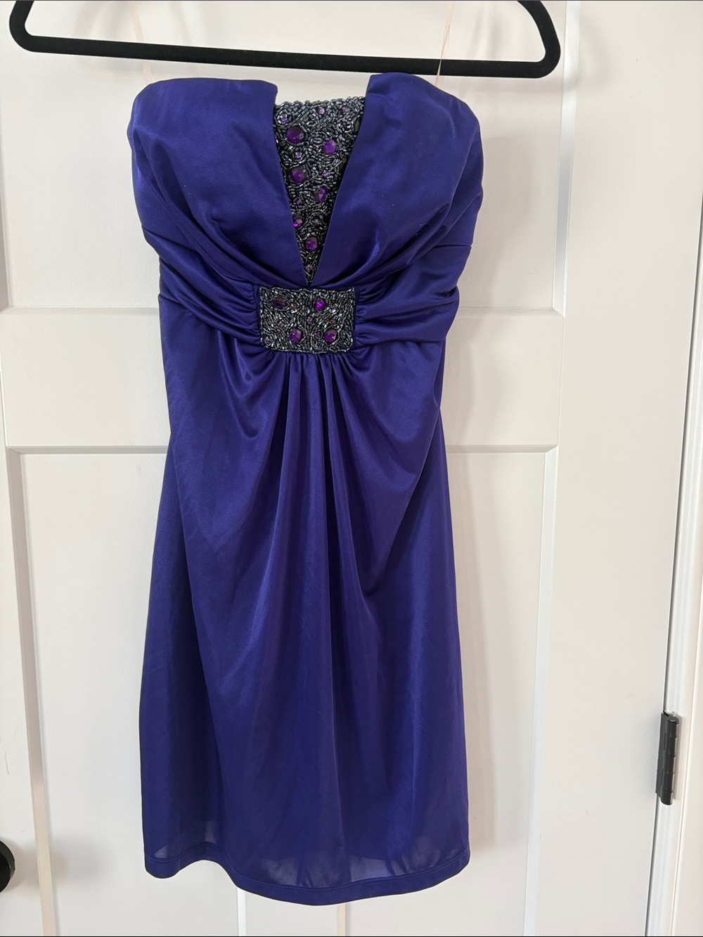 My Michelle Royal Purple Strapless Cocktail Dress with Beaded Accents